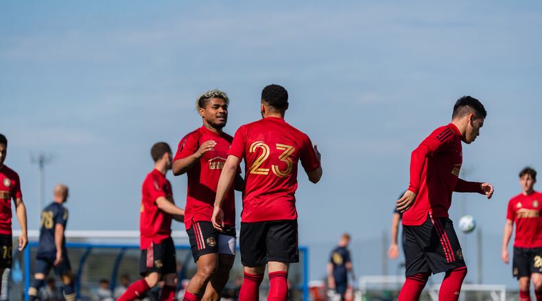 Josef Martinez and Jake Mulraney embrace after a goal during the preseason match against the Philadelphia Union during preseason at IMG Academy in Bradenton, FL, on Friday January 24, 2020. (Photo by Jacob Gonzalez/Atlanta United)