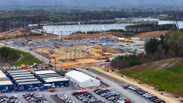 An aerial image shows the 175-acre construction site for Core Scientific, a crypto and AI data center company that has expanded its presence in Dalton, Georgia, on Monday, March 30, 2026. Residents in the nearby areas complain about noise pollution caused by heavy equipment. (Miguel Martinez/AJC)