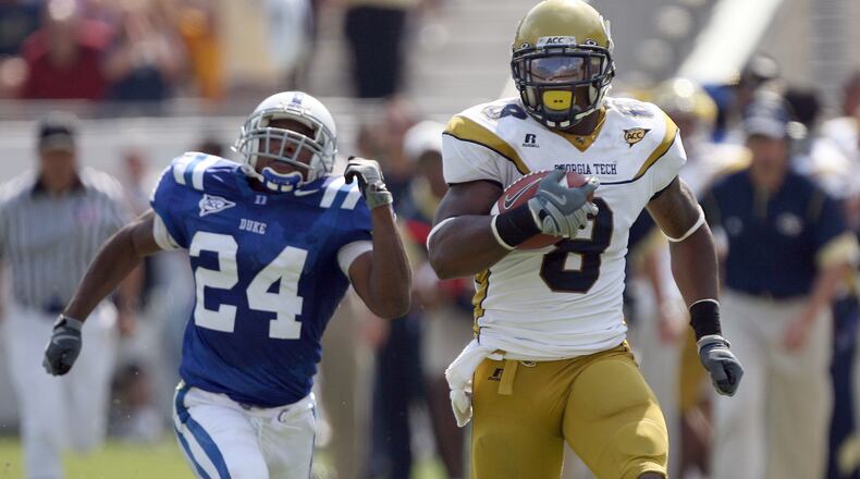 Tech's Demaryius Thomas (8) runs past Duke's Scott Elder (24) for a touchdown in the 4th quarter during the Georgia Tech vs. Duke game on Saturday, Oct. 4, 2008 at Bobby Dodd Stadium.