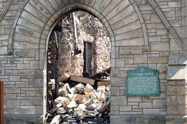 FILE - The historic Clayborn Temple, a landmark from the civil rights movement with ties to Martin Luther King Jr., caught fire, April 28, 2025, in Memphis, Tenn. (AP Photo/Karen Pulfer Focht, File)