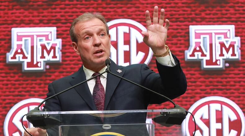 July 16, 2018 Atlanta: Texas A&M head coach Jimbo Fisher holds his SEC Media Days press conference at the College Football Hall of Fame on Monday, July 16, 2018, in Atlanta. Curtis Compton/ccompton@ajc.com