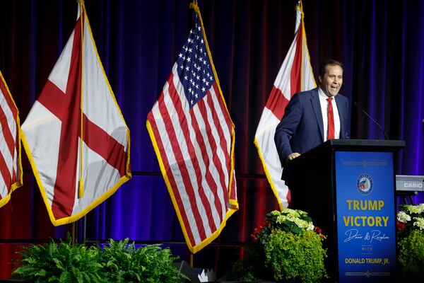 Alabama Republican Party Chair, John Wahl, speaks before Donald Trump Jr.'s visit at the Alabama Republican Party's Trump Victory Celebration, Thursday, April 3, 2025, in Birmingham, Ala. (AP Photo/Butch Dill)