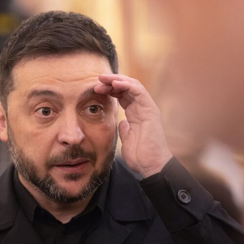 Ukrainian President Volodymyr Zelenskyy arrives at the Spanish parliament in Madrid, Spain, Tuesday, Nov. 18, 2025. (Eduardo Parra/Europa Press via AP)