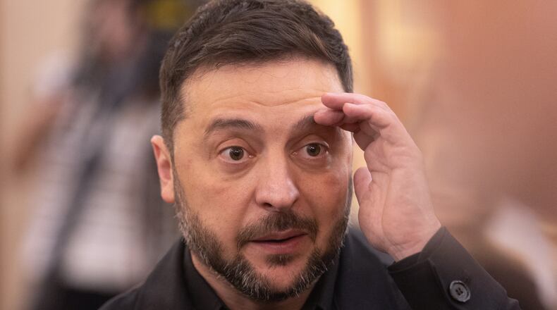 Ukrainian President Volodymyr Zelenskyy arrives at the Spanish parliament in Madrid, Spain, Tuesday, Nov. 18, 2025. (Eduardo Parra/Europa Press via AP)