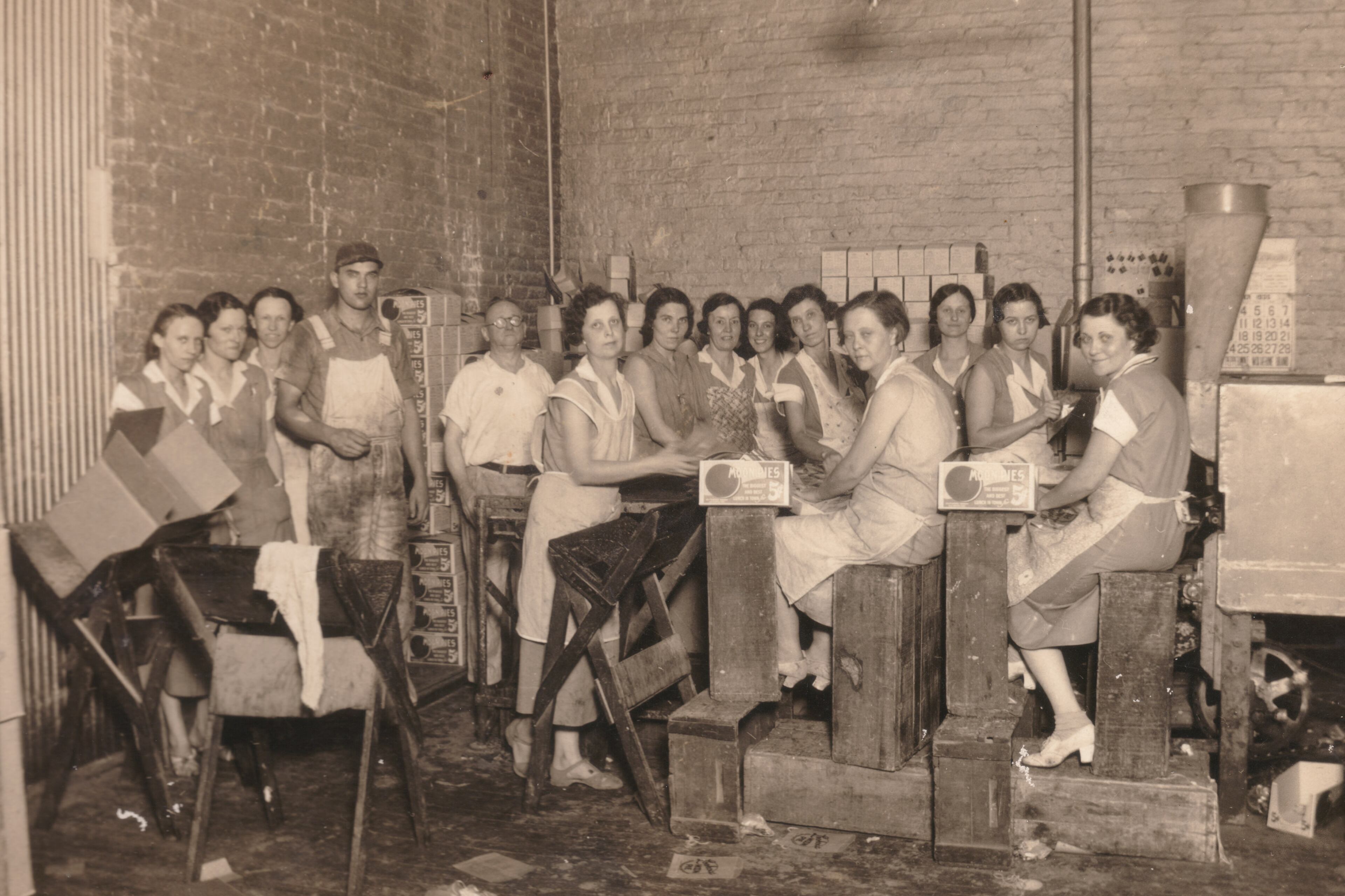 Chattanooga Bakery factory workers pose in an undated photo, featuring some OG Moon Pies.