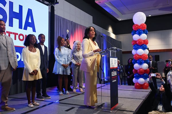 Gubernatorial candidate Keisha Lance Bottoms thanks supporters after winning the Democratic primary election during her election day watch party at the Hyatt Regency on Tuesday, May 19, 2026, in Atlanta. (Natrice Miller for The AJC)