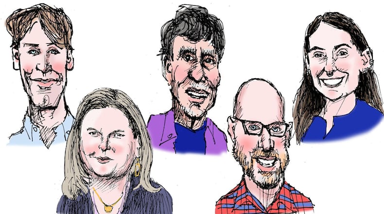 AJC reporters (left to right): Lautaro Grinspan, Ariel Hart, Michael E. Kanell, Matt Reynolds and Caroline Silva. (Illustrations by Mike Luckovich/AJC)