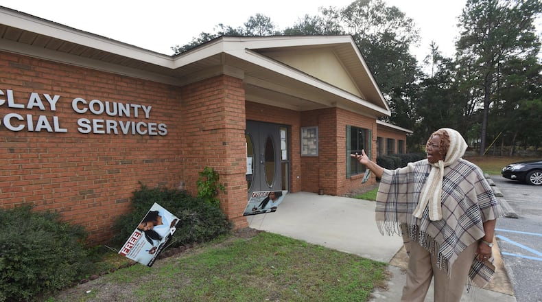 Pastor Shirley Cody, who helped organize transportation for her church’s voters on Election Day last year, shows Clay County Social Services building, the only remaining voting precinct in Clay County, in Fort Gaines on Dec. 10, 2019. HYOSUB SHIN / HYOSUB.SHIN@AJC.COM