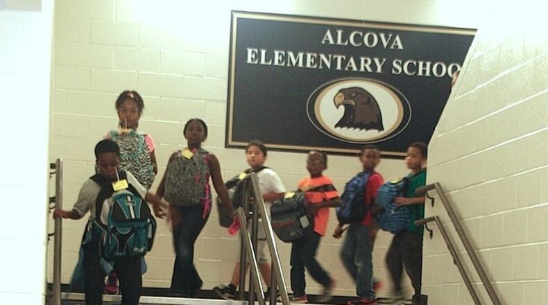 Students are learning multiplication tables with Alcova Elementary's math stairs.