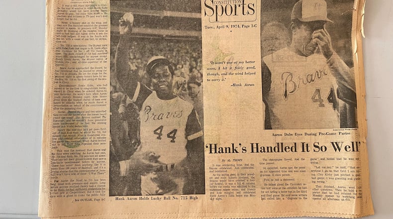 This is a portion of the front page of The Atlanta Constitution sports section April 9, 1974, the day after Braves legend Henry Aaron hit his 715th career home run, surpassing Babe Ruth for the all-time home run record. (Contributed by David Wellham/The Atlanta Journal-Constitution)