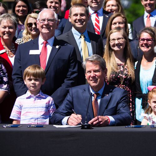 Gov. Brian Kemp attends the Children, Family and School Choice Bill Signing Ceremony on Thursday, May 6, 2021, in Liberty Plaza at the Georgia State Capitol in Atlanta. One size does not fit all when it comes to learning, writes Nicole P. Doyle. (Christina Matacotta for the AJC 2021)