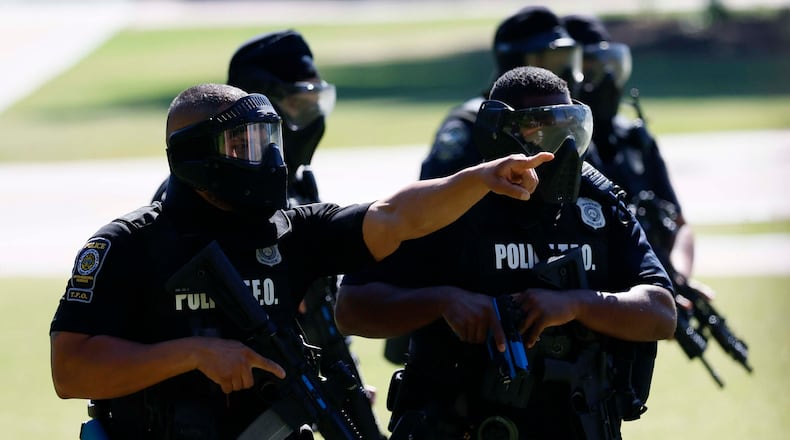 Members of the Atlanta Police Department and local agencies participate in a mass casualty training exercise at Centennial Olympic Park on Monday, May 4, 2026, in preparation for the World Cup. (Miguel Martinez/AJC)