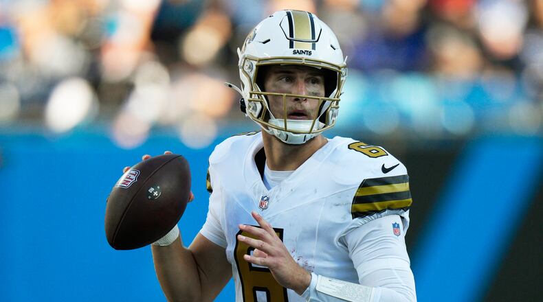 Quarterback Tyler Shough and the New Orleans Saints beat the Carolina Panthers on Nov. 9, and had a bye week Sunday. (Jacob Kupferman/AP)