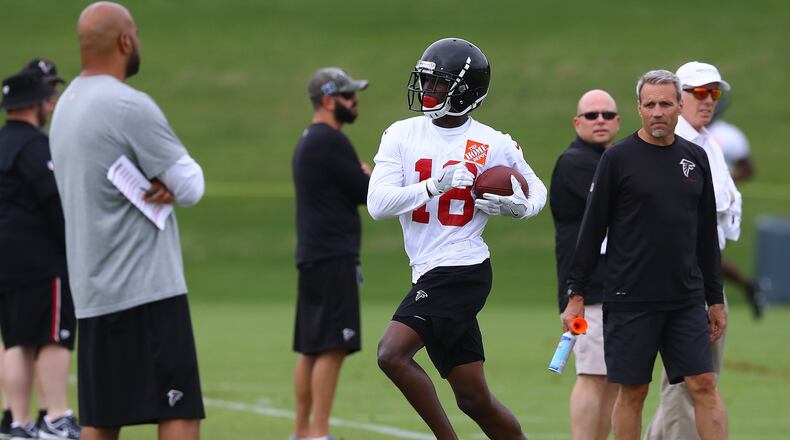 Atlanta Falcons wide receiver Calvin Ridley runs out of bounds after catching a bomb on the first day of mandatory minicamp on Tuesday, June 12, 2018, in Flowery Branch. Curtis Compton/ccompton@ajc.com