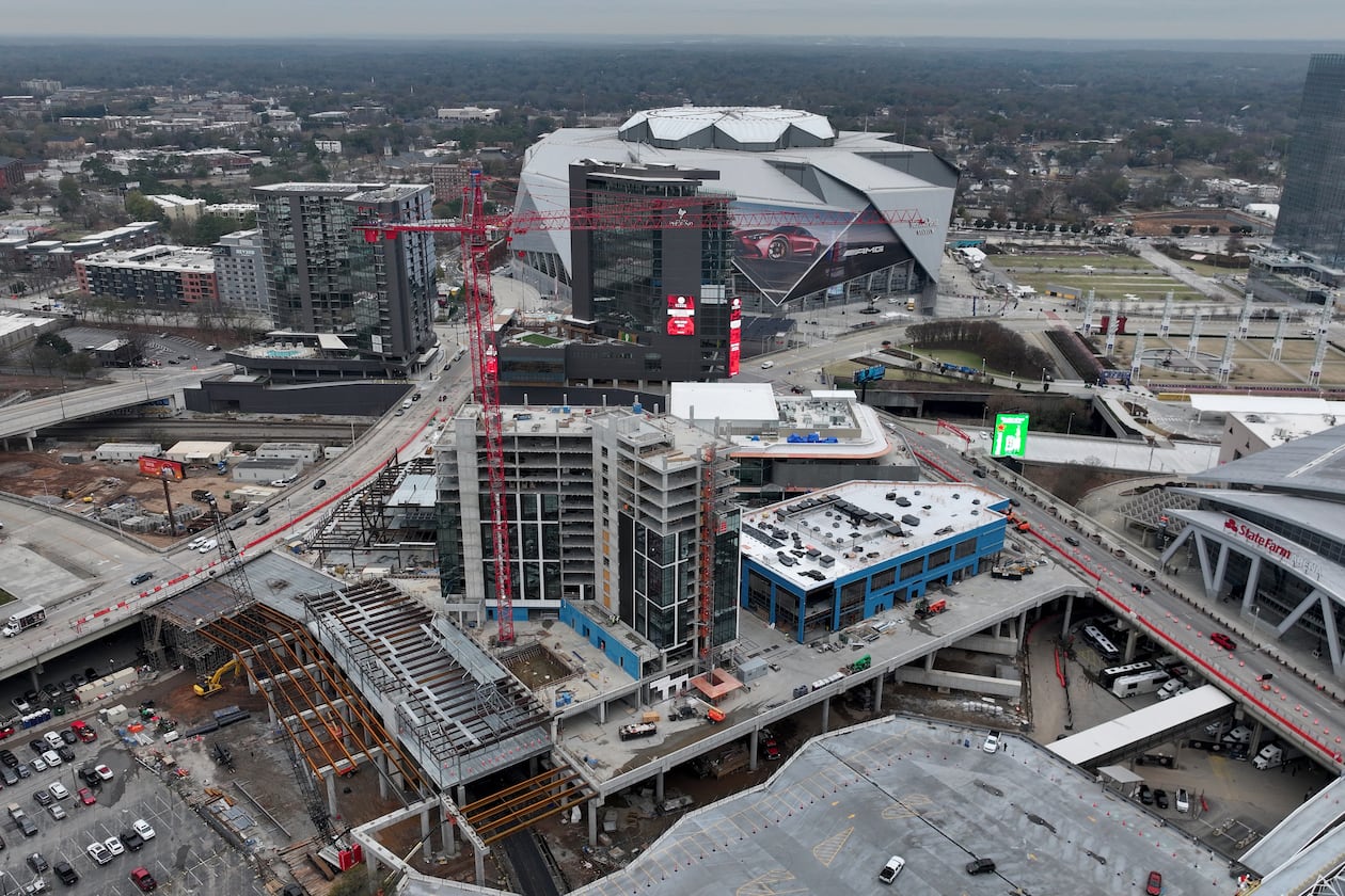 An aerial photograph shows constructions of Centennial Yards, Thursday, Dec. 4, 2025, in Atlanta. (Hyosub Shin/AJC)
