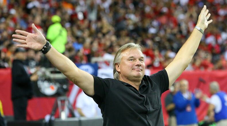 113014 ATLANTA: Former Falcons kicker Morten Andersen is introduced during the game against the Cardinals in an NFL football game on Sunday, Nov. 30, 2014, in Atlanta. CURTIS COMPTON / CCOMPTON@AJC.COM