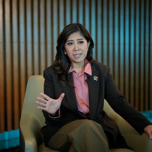 Indonesia's Communication and Digital Affairs Minister Meutya Hafid gestures during an interview with The Associated Press in Jakarta, Indonesia, Wednesday, April 29, 2026. (AP Photo/Achmad Ibrahim)