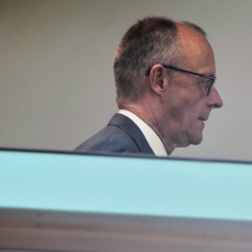 German chancellor Friedrich Merz is seen ahead of a press conference at the Christian Democratic Union (CDU) headquarters in Berlin, Germany, after yesterday's two state elections in Berlin and Mecklenburg-Western Pomerania, Monday, Sept. 21, 2026. (AP Photo/Markus Schreiber)