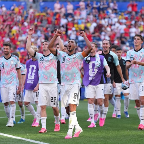 Belgium players celebrate after they won a World Cup round of 16 soccer match against the United States in Seattle, Monday, July 6, 2026. (AP Photo/Abbie Parr)