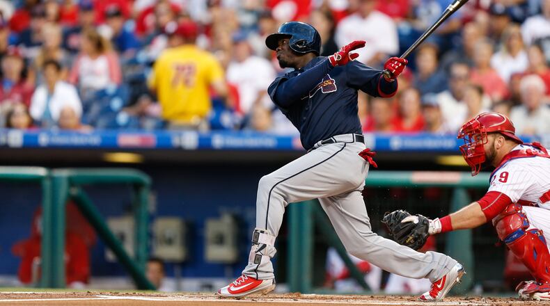 PHILADELPHIA, PA - SEPTEMBER 03: Adonis Garcia #13 of the Atlanta Braves hits a solo home run in the first inning of the game against the Philadelphia Phillies at Citizens Bank Park on September 3, 2016 in Philadelphia, Pennsylvania. (Photo by Brian Garfinkel/Getty Images)