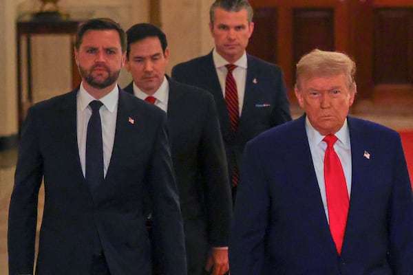 President Donald Trump arrives with Vice President JD Vance, Secretary of State Marco Rubio and Defense Secretary Pete Hegseth to speak from the East Room of the White House in Washington, Saturday, June 21, 2025, after the U.S. military struck three Iranian nuclear and military sites, directly joining Israel's effort to decapitate the country's nuclear program. (Carlos Barria/Pool via AP)