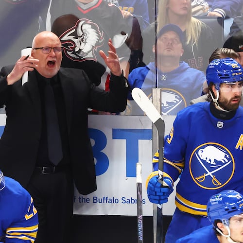Buffalo Sabres head coach Lindy Ruff reacts during the third period in Game 5 of a first-round NHL hockey Stanley Cup playoff series against the Boston Bruins Tuesday, April 28, 2026, in Buffalo, N.Y. (AP Photo/Jeffrey T. Barnes)