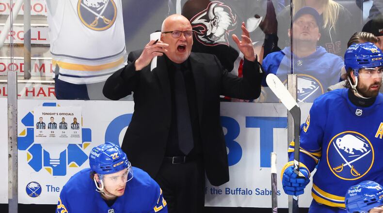 Buffalo Sabres head coach Lindy Ruff reacts during the third period in Game 5 of a first-round NHL hockey Stanley Cup playoff series against the Boston Bruins Tuesday, April 28, 2026, in Buffalo, N.Y. (AP Photo/Jeffrey T. Barnes)