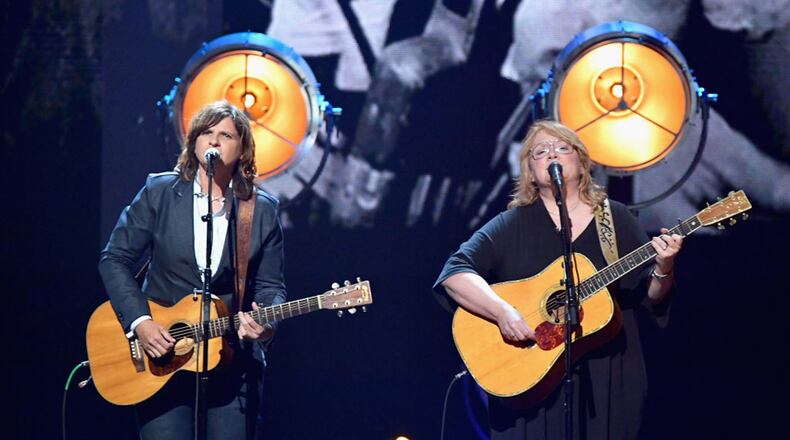 Musicians Amy Ray (left) and Emily Saliers of Indigo Girls perform onstage at the 32nd Annual Rock & Roll Hall Of Fame Induction Ceremony at Barclays Center on April 7, 2017 in New York City. (Mike Coppola/Getty Images/TNS)