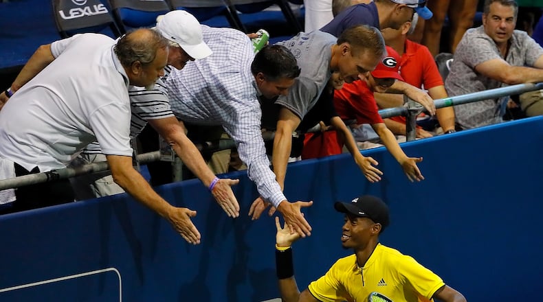 ATLANTA, GA - JULY 27: Christopher Eubanks runs around the court celebrating with fans after defeating Jared Donaldson during the BB&T Atlanta Open at Atlantic Station on July 27, 2017 in Atlanta, Georgia. (Photo by Kevin C. Cox/Getty Images)