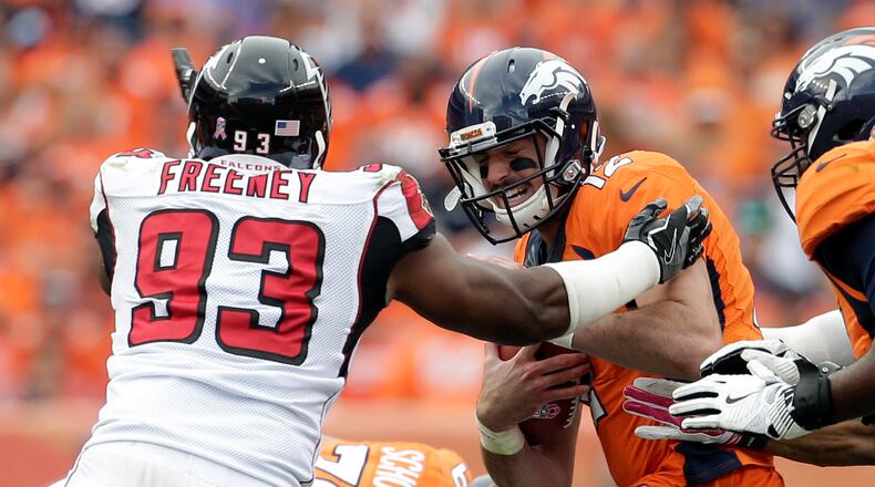 Falcons defensive end Dwight Freeney (93): “I’ve had the first-round bye and lost, had the first-round bye and got to the Super Bowl.” (AP Photo/Joe Mahoney, File)
