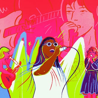 As Shaky Knees emerges as one of Atlanta’s oldest music festivals, the dearth of women musicians on the bill becomes impossible to ignore. (2026 Shaky Knees performers depicted from left to right: Alice Phoebe Lou, Santigold, Julian Casablancas and Violet Grohl; Illustration: Marcie LaCerte for the AJC)