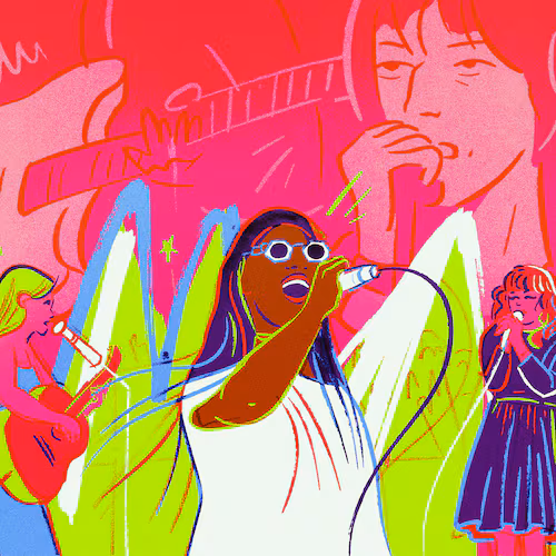 As Shaky Knees emerges as one of Atlanta’s oldest music festivals, the dearth of women musicians on the bill becomes impossible to ignore. (2026 Shaky Knees performers depicted from left to right: Alice Phoebe Lou, Santigold, Julian Casablancas and Violet Grohl; Illustration: Marcie LaCerte for the AJC)