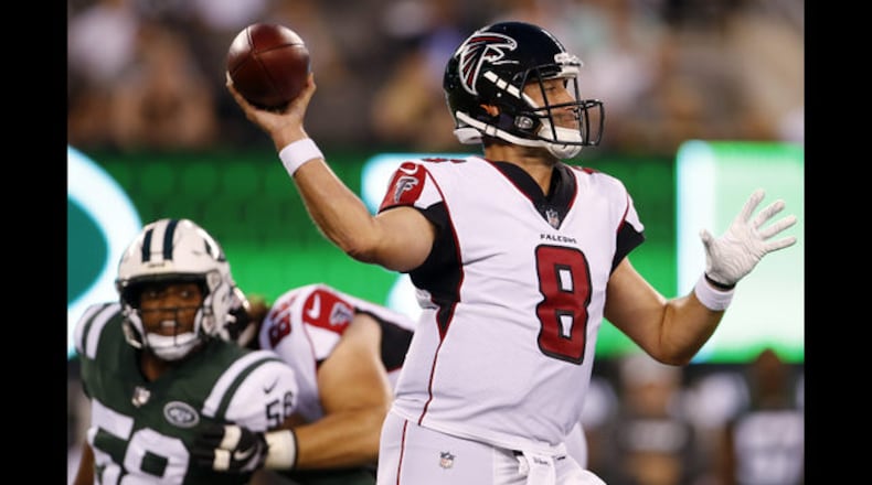 Atlanta Falcons quarterback Matt Schaub (8) throws a pass way from New York Jets' Darron Lee (58) during the first half of a preseason NFL football game Friday, Aug. 10, 2018, in East Rutherford, N.J. (AP Photo/Adam Hunger)
