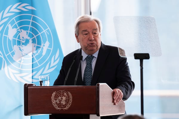 United Nations Secretary-General Antonio Guterres delivers a speech on climate action "A Moment of Opportunity: Supercharging the New Energy Era" at the United Nations headquarters on Tuesday, July 22, 2025, in New York. (AP Photo/Adam Gray)
