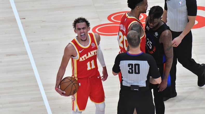 May 28, 2021 Atlanta - Atlanta Hawks guard Trae Young (11) reacts at the end of the second half in Game 3 of an NBA basketball first-round playoff series at State Farm Arena on Friday, May 28, 2021. Atlanta Hawks won 105-94 over New York Knicks. (Hyosub Shin / Hyosub.Shin@ajc.com)