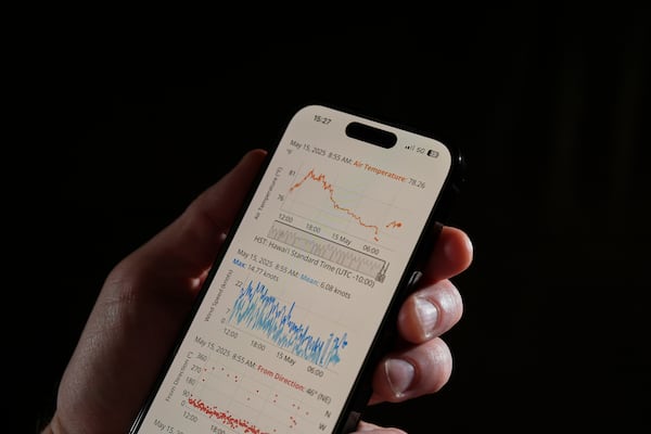 Weather data from the Integrated Ocean Observing System is displayed Thursday, May 15, 2025, in Cincinnati. (AP Photo/Joshua A. Bickel)