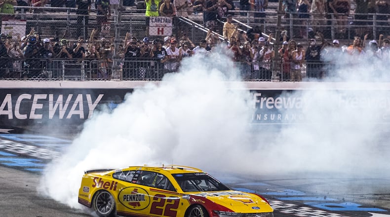Team Penske driver Joey Logano (22) wins the Cook Out 400 at Richmond Raceway, Saturday, Aug. 15, 2026, in Richmond Va. (AP Photo/Robert Simmons)
