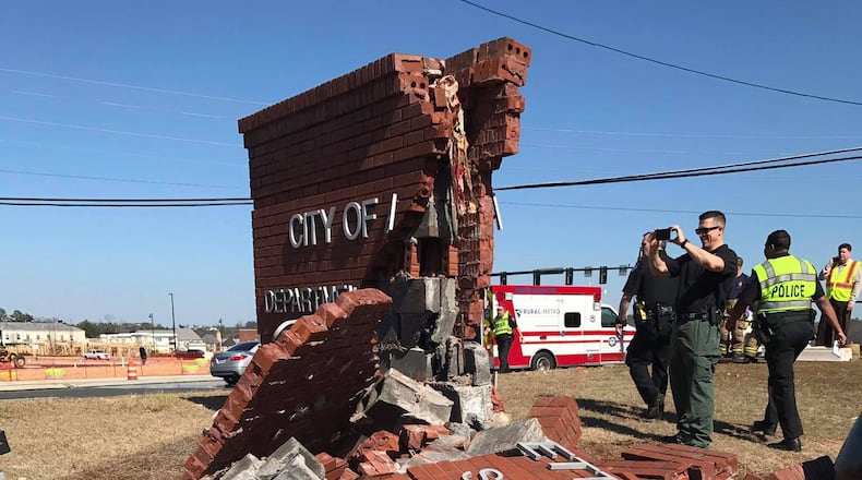 A driver crashed into a brick Department of Public Safety sign in Alpharetta.