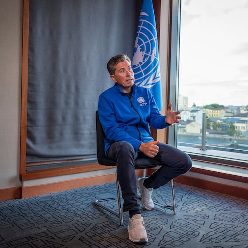 Tom Fletcher, United Nations Under-Secretary-General for Humanitarian Affairs and Emergency Relief Coordinator, speaks during an interview in Kyiv, Ukraine, Wednesday, Aug. 19, 2026. (AP Photo/Dan Bashakov)