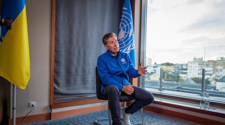 Tom Fletcher, United Nations Under-Secretary-General for Humanitarian Affairs and Emergency Relief Coordinator, speaks during an interview in Kyiv, Ukraine, Wednesday, Aug. 19, 2026. (AP Photo/Dan Bashakov)