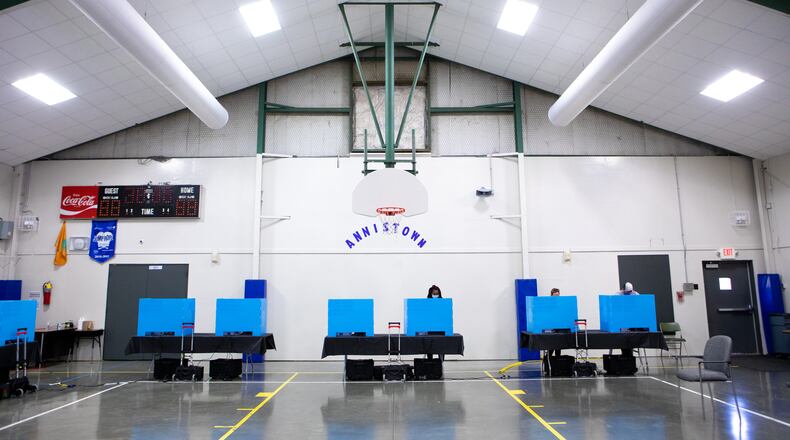 Voters make their ballot selections at the Annistown Elementary School gym in Snellville, Ga., on Tuesday, Nov. 3, 2020. (Casey Sykes for The Atlanta-Journal Constitution)