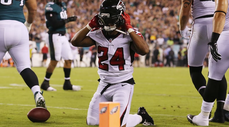 Falcons running back Devonta Freeman reacts after being tackled short of the end zone on fourth down during the first half Thursday, Sept. 6, 2018, against the Philadelphia Eagles at Lincoln Financial Field in Philadelphia.