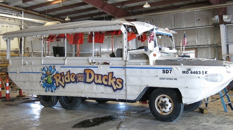 This is the Stretch Duck 7, shown after it was recovered after sinking in July in Table Rock Lake near Branson, Missouri, killing 13 people. Photo by the National Transportation Safety Board.