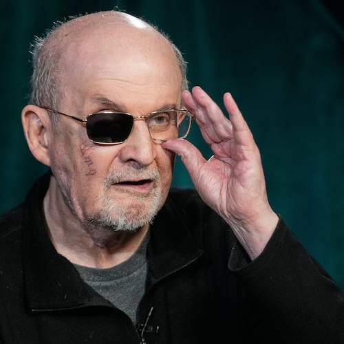 Author Salman Rushdie appears during an interview in New York on Wednesday, Oct. 29, 2025. (AP Photo/Richard Drew)