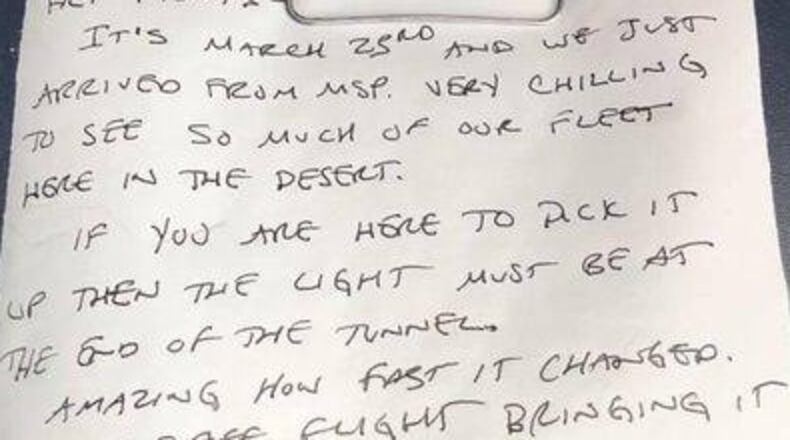 First Officer Chris Dennis' short, handwritten letter left on the flight deck of an A321 parked in the California desert at the beginning of the pandemic was discovered by a fellow pilot, more than a year later. (Image: Delta Air Lines)