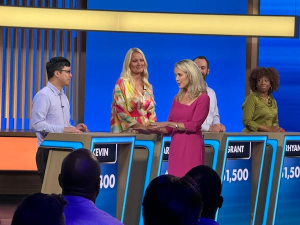 Host Deborah Norville speaks to contestants during the taping of “The Perfect Line,” a new syndicated game show shot during the summer of 2025 at Trilith Studios in Fayetteville. (Rodney Ho/AJC) 