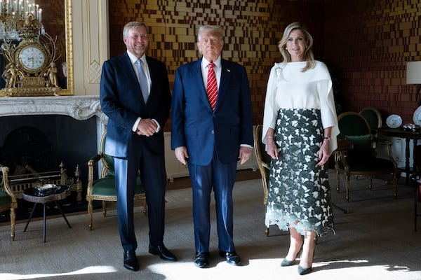 President Donald Trump poses with Netherlands' King Willem Alexander, left, and Netherlands' Queen Maxima at the Paleis Huis den Bosch prior to attending a NATO summit, in The Hague, Netherlands, Wednesday, June 25, 2025. (Brendan Smialowski/Pool Photo via AP)