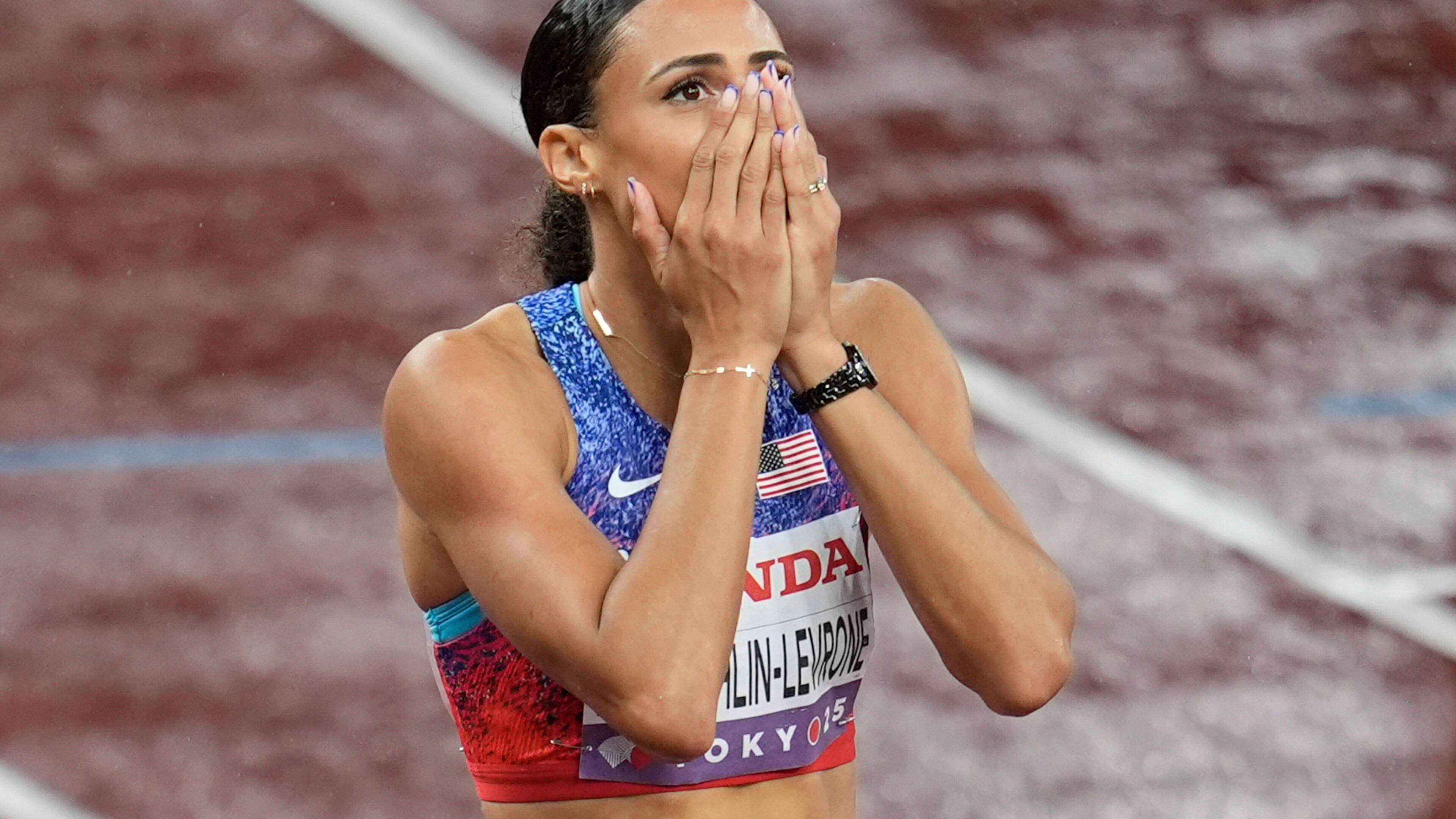 United States' Sydney McLaughlin-Levrone, reacts after winning in the women's 400 meters final at the World Athletics Championships in Tokyo, Thursday, Sept. 18, 2025. (AP Photo/Abbie Parr)
