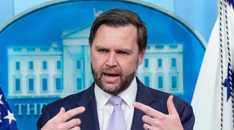 Vice President JD Vance speaks to reporters during a during a press briefing at the White House, Tuesday, May 19, 2026, in Washington. (AP Photo/Manuel Balce Ceneta)
