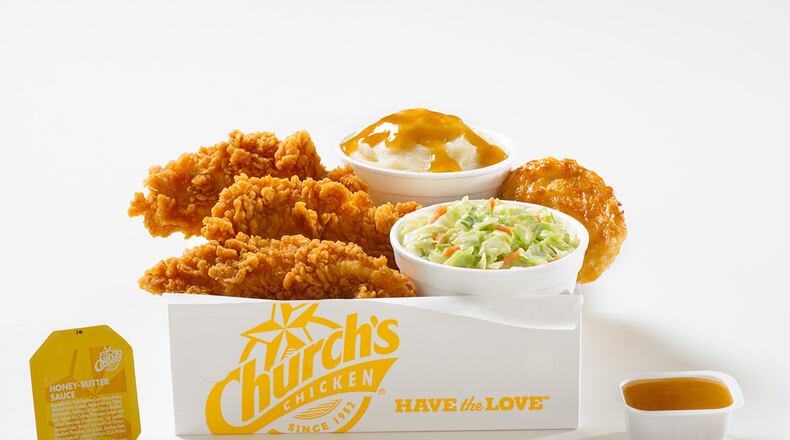 Honey-butter biscuit battered chicken tenders are available for a limited time at Church's Chicken. Sides like cole slaw and mashed potatoes are available for purchase too. Photo credit: Ink Link Marketing.